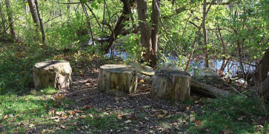 3 log seats by the Manchester Riverwalk